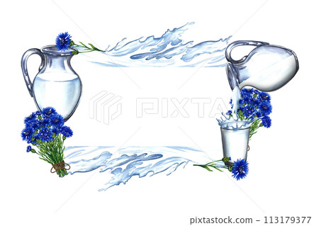 Frame with dairy products. Glass decanter and milk glass, decorated with cornflowers and a splash of milk. A hand-drawn watercolor illustration. For advertising banners, labels of dairy products. Frame with dairy products. Glass decanter and milk glass, decorated with cornflowers and a splash of milk. A hand-drawn watercolor illustration. For advertising banners, labels of dairy products. 113179377