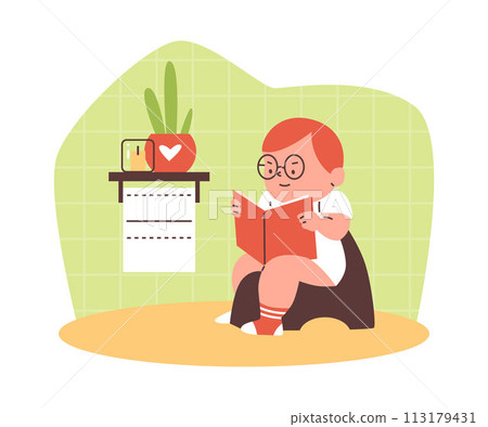 A boy sits on a chamber pot with a book in the toilet room. 113179431