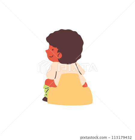 Flat illustration of a little girl on a potty sitting with her back turned. Flat illustration of a little girl on a potty sitting with her back turned. 113179432