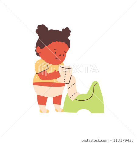 Vector image of a child with toilet paper near the chamber pot. 113179433