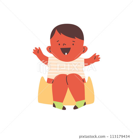 Flat vector of cheerful black boy on potty, isolated background. Flat vector of cheerful black boy on potty, isolated background. 113179434