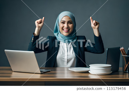 Shocked surprised young arabian asian muslim woman in abaya hijab 113179456