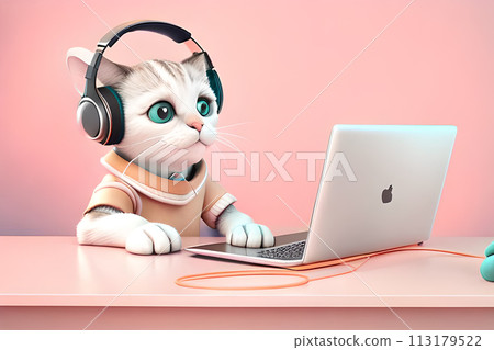 digital drawing A cat in earphones sits and works with a pink laptop digital drawing A cat in earphones sits and works with a pink laptop 113179522