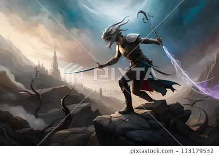 A painting of a woman with a blue mask and horns. 113179532