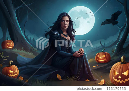 3D rendering of a haunted, fantasy castle in spooky Halloween night 113179533