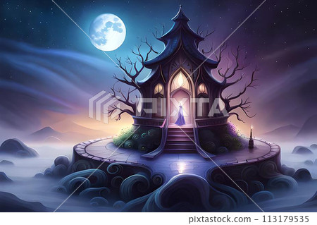 digital illustration of A bottle of magic potion in a dark fantasy forest 113179535