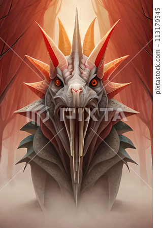 Fantasy evil dragon portrait. Surreal artwork of danger dragon from medieval mythology Fantasy evil dragon portrait. Surreal artwork of danger dragon from medieval mythology 113179545