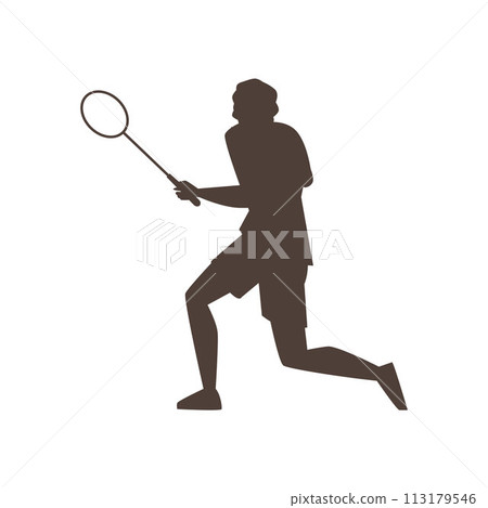 Active badminton player, black silhouette vector illustration. Active badminton player, black silhouette vector illustration. 113179546