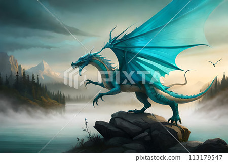 Fantasy friendly dragon portrait. Surreal artwork of danger dragon from medieval mythology Fantasy friendly dragon portrait. Surreal artwork of danger dragon from medieval mythology 113179547