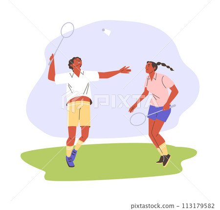 Badminton players with racket in action, sport game, vector cartoon young woman and man getting ready to hit shuttlecock 113179582