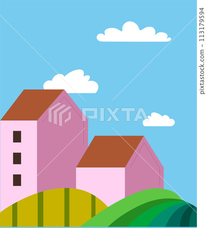 Sunny Hilltop House Vector Graphic 113179594
