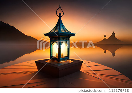 Ornamental Arabic lantern with burning candle glowing . 113179718