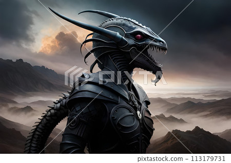 A painting of a man with a black mask and horns. 113179731