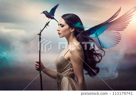 A woman with red hair stands in a forest with wings on her head. AI-generated Digital Art 113179741