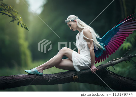 A woman with red hair stands in a forest with wings on her head. AI-generated Digital Art A woman with red hair stands in a forest with wings on her head. AI-generated Digital Art 113179774