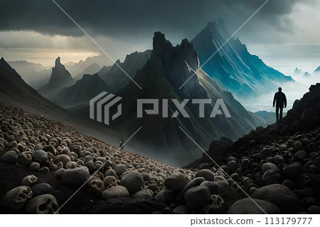 A man walking in the fog with a skull in the background. A man walking in the fog with a skull in the background. 113179777