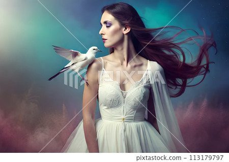 A woman with red hair stands in a forest with wings on her head. AI-generated Digital Art 113179797