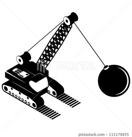 Heavy crane with iron ball for demolishing old buildings on construction site. Dismantling of old structures using special equipment. Simple black and white vector isolated on white background 113179855
