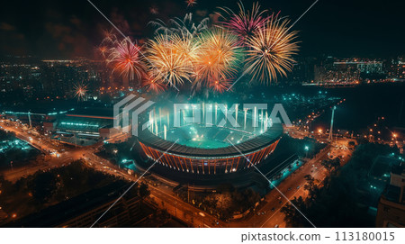 Nighttime aerial view of stadium with fireworks, illuminated urban background. Olympic Games in Paris 2024 Nighttime aerial view of stadium with fireworks, illuminated urban background. Olympic Games in Paris 2024 113180015
