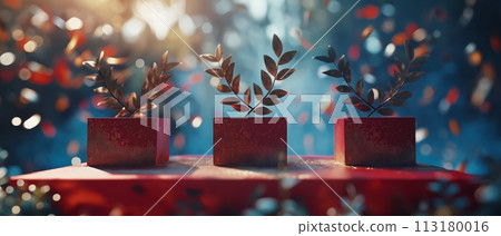 Golden laurel wreaths on podiums with confetti, Olympic victory ceremony event. Golden laurel wreaths on podiums with confetti, Olympic victory ceremony event. 113180016
