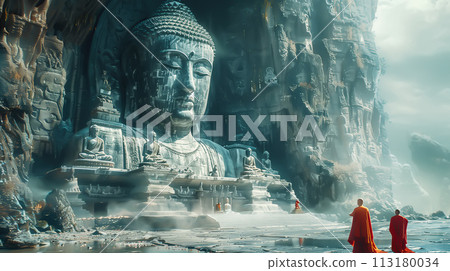 Buddhist monks engaging near serene Buddha statue. Harmony and Serenity Concept. Generative AI. 113180034