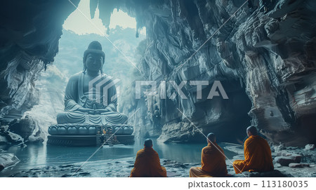 Buddhist monks engaging near serene Buddha statue. Harmony and Serenity Concept. Generative AI. 113180035