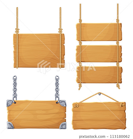 Cartoon wooden sign isolated on white background. Light banner made of wood vector illustration 113180062