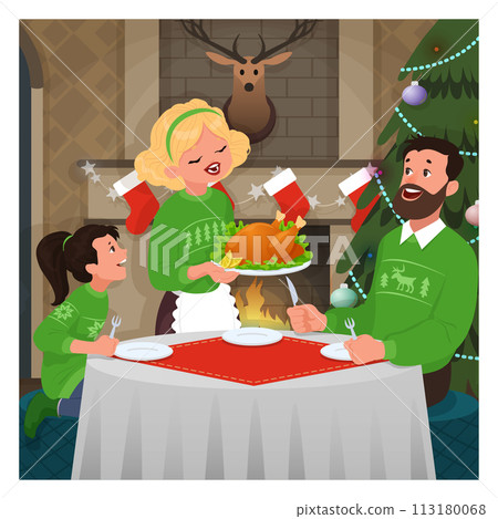 Christmas dinner vector illustration. Xmas meal table setting with family at home background. Family celebrating together Christmas concept 113180068