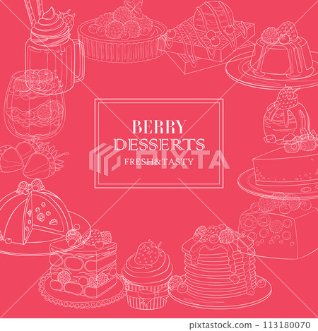 Berry dessert sketch vector illustration, white lines on bright background 113180070