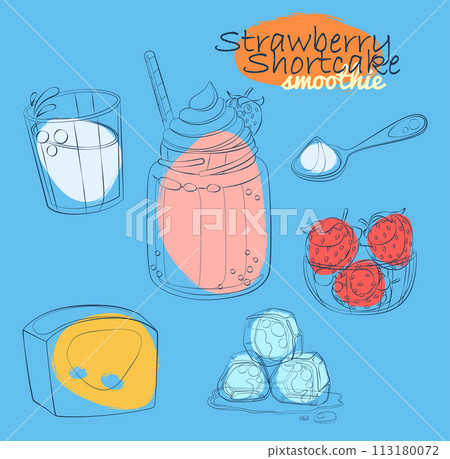 Strawberry Shortcake smoothie recipe illustration with milk, berries, sugar spoon. Milkshake ingredients cartoon vector icons Hand drawn linear illustration on blue background Strawberry Shortcake smoothie recipe illustration with milk, berries, sugar spoon. Milkshake ingredients cartoon vector icons Hand drawn linear illustration on blue background 113180072
