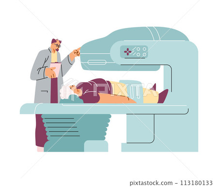 Vector illustration of a male doctor and an elderly female patient with magnetic resonance equipment 113180133
