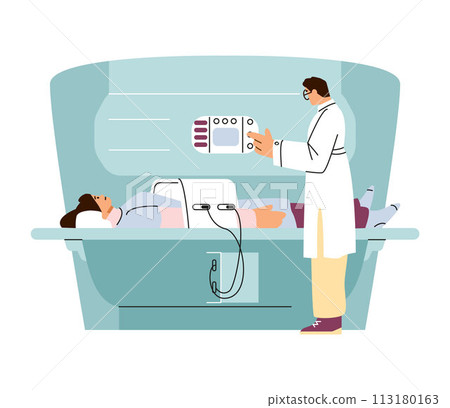 Vector illustration of a male doctor conducting an MRI scan of the abdominal cavity of a female patient 113180163