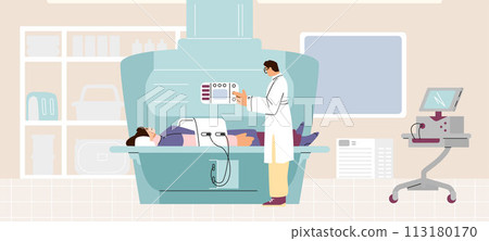 Vector illustration in the clinic, a doctor conducts an MRI scan of the abdominal cavity of a patient 113180170