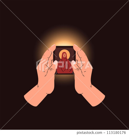 Prayer hands, surrounded by divine light, hold the sacred icon and symbolize worship, faith and spirituality Prayer hands, surrounded by divine light, hold the sacred icon and symbolize worship, faith and spirituality 113180176