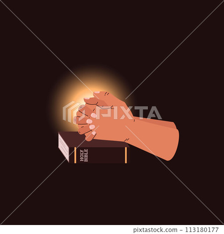 Vector illustration with the image of praying hands illuminated by light and placed on the Bible Vector illustration with the image of praying hands illuminated by light and placed on the Bible 113180177
