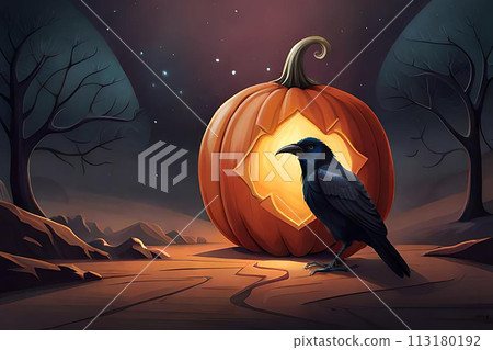 illustration with raven and pumpkins on a halloween theme illustration with raven and pumpkins on a halloween theme 113180192