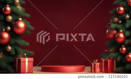 Christmas 3d scene with red and gold podium platform 113180201