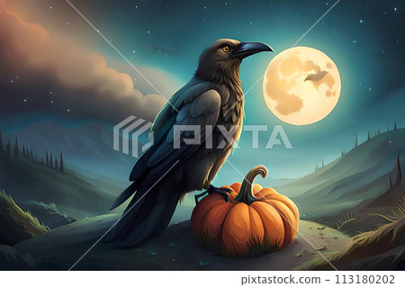 illustration with raven and pumpkins on a halloween theme 113180202