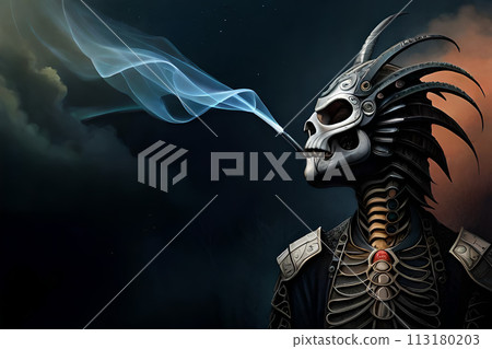 A painting of a man with a black mask and horns. 113180203