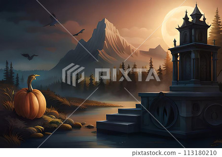 3D rendering of a haunted, fantasy castle in spooky Halloween night 113180210