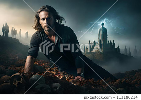 A man walking in the fog with a skull in the background. A man walking in the fog with a skull in the background. 113180214