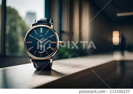 A luxury gold watch with a black dial. 113180237