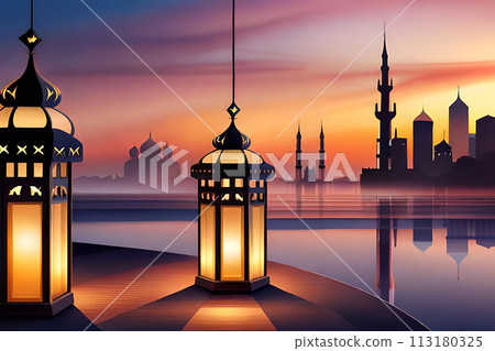 Ornamental Arabic lantern with burning candle glowing . Ornamental Arabic lantern with burning candle glowing . 113180325