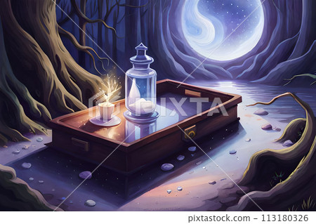 digital illustration of A bottle of magic potion in a dark fantasy forest 113180326