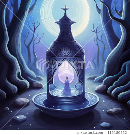 digital illustration of A bottle of magic potion in a dark fantasy forest 113180332