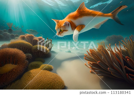 A cat swimming under a fish AI-generated Digital Art 113180341