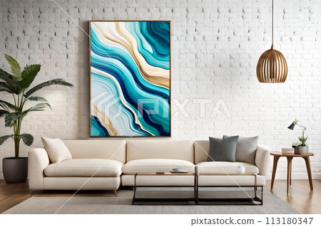 Marble abstract acrylic painting in the interior of the room. Marbling artwork texture. 113180347