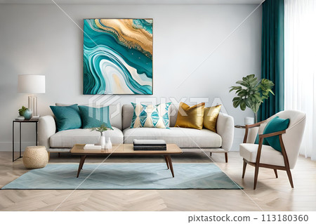 Marble abstract acrylic painting in the interior of the room. Marbling artwork texture. 113180360