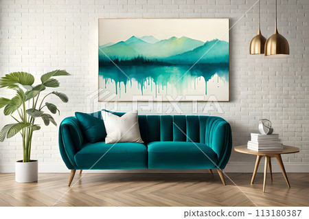 Marble abstract acrylic painting in the interior of the room. Marbling artwork texture. 113180387