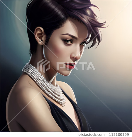 Close up portrait young beautiful brunette woman in blue dress in autumn park 113180399